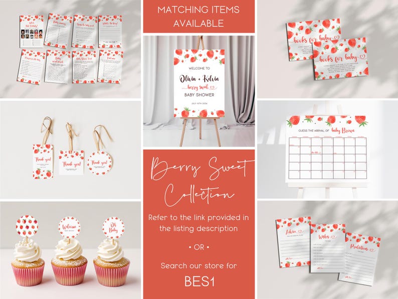 Puede incluir: Un conjunto de decoraciones imprimibles para una fiesta de bienvenida al beb&eacute; con tem&aacute;tica de fresa. Las decoraciones incluyen un cartel de bienvenida, una tarjeta de juego, una etiqueta de agradecimiento, adornos para cupcakes y un calendario imprimible. El texto en el cartel de bienvenida dice "Bienvenido a Olum & Kdila Berry Sweet Baby Shower".