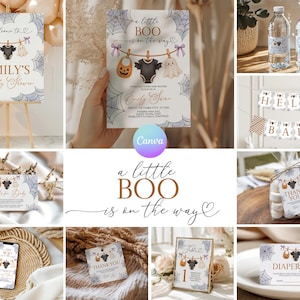May include: A collection of Halloween-themed baby shower stationery featuring a spiderweb pattern and illustrations of a pumpkin bib, black onesie, and ghost hanging on a clothesline with the text A little BOO is on the way.