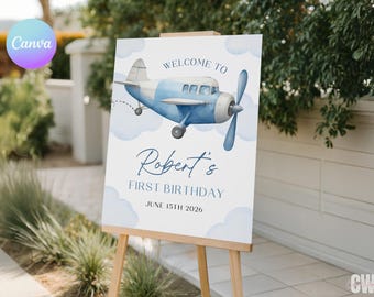 Printable Blue Airplane Birthday Welcome Sign, Time Flies 1st Birthday Party Welcome Poster, Editable Plane First Birthday Welcome Sign AE1