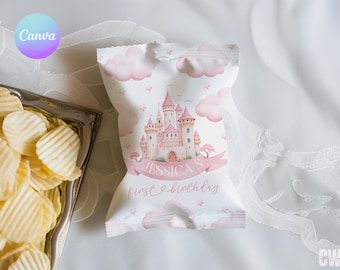 Utskrivbar chipspåse för prinsessa för första året, chipspåse för födelsedagsfesten Once Upon a Time, chipspåse för kunglig första födelsedag, chipspåse för slottet PR1