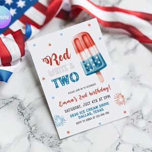 Invito di compleanno rosso bianco e due, invito patriottico per il 2° compleanno del 4 luglio, modello di invito per il 2° compleanno del 4 luglio, Bomb Pop