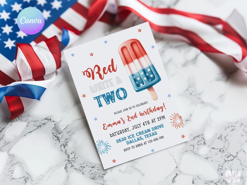 Red White and Two Birthday Invitation, 4th of July Patriotic 2nd ...