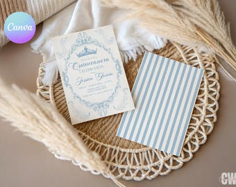 Light Blue Quinceanera Invitation – Royal Crown and Ornate Frame (Editable Canva Template)