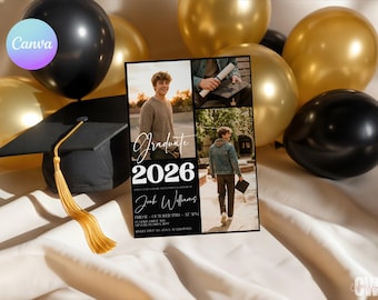 Modern Black Graduation Invitation Photo Collage – Bold Class of 2026 (Editable Canva Template)
