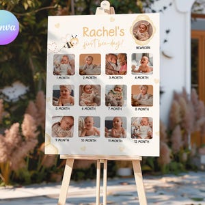 Erste Biene Tag Foto Poster Vorlage Honig Baby Meilenstein Fototafel Erste Biene-Tag Fotocollage Zeichen druckbare Biene erste Jahr Fotos BE1