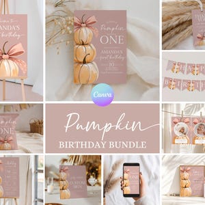 May include: A pumpkin-themed birthday party bundle featuring dusty rose and cream colors. Items include a welcome sign, invitation, thank you tag, bunting banner, chip bag, photo cards, and custom signs, all decorated with illustrations of pumpkins and bows.