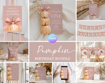 Pink Pumpkin 1st Birthday Bundle, Our Little Pumpkin Is Turning One Decor, Girl Autumn Pumpkin Birthday Party Kit YM1