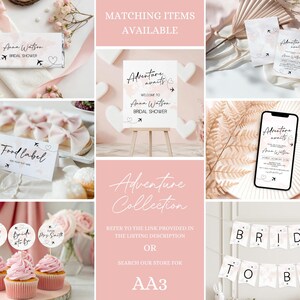 May include: A collection of bridal shower decorations and accessories in a soft pink and white color scheme. Items include invitations, cupcake toppers, a banner, and a sign with the text "Adventure Awaits". The theme is travel-inspired.