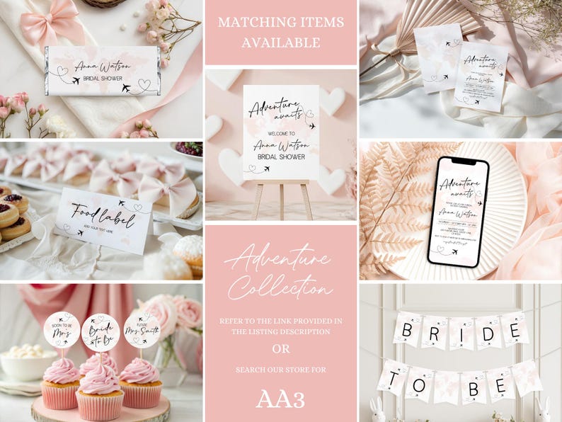 May include: A collection of bridal shower decorations and accessories in a soft pink and white color scheme. Items include invitations, cupcake toppers, a banner, and a sign with the text "Adventure Awaits". The theme is travel-inspired.