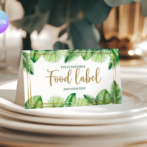 Etiqueta de comida para primer cumpleaños Aloha, plantilla de etiqueta de comida para primer cumpleaños tropical, etiqueta de buffet de primer cumpleaños de verano, tarjeta de lugar de cumpleaños de selva TR1