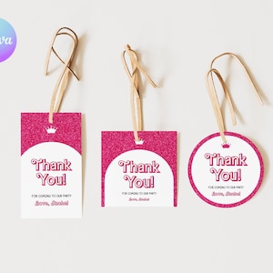 Editable Pink Doll Party Thank You Tag, Pink Sparkle Birthday Party Thank You, Let’s Go Party Favor Tags, Fashion Doll Bday Thank You BR2
