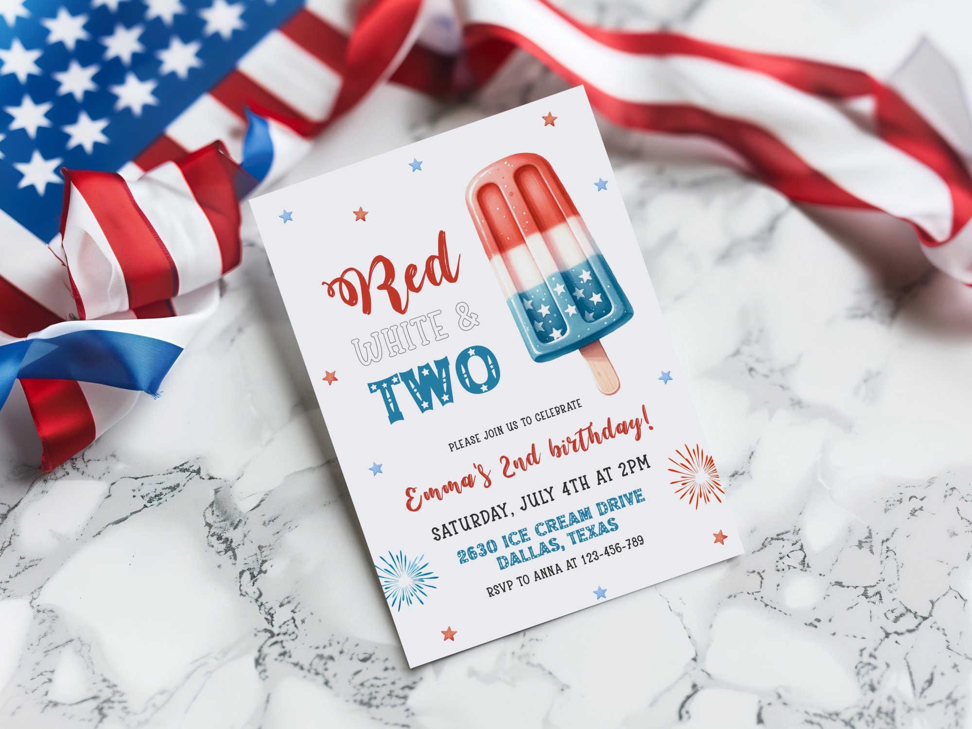 Red White and Two Birthday Invitation, 4th of July Patriotic 2nd ...