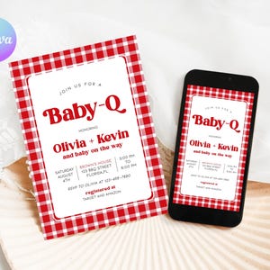 May include: Red and white checkered baby shower invitation with the text "Join us for a Baby-Q Honoring Olivia + Kevin and baby on the way" and details for the event. The invitation is on a white background with a red and white checkered border.