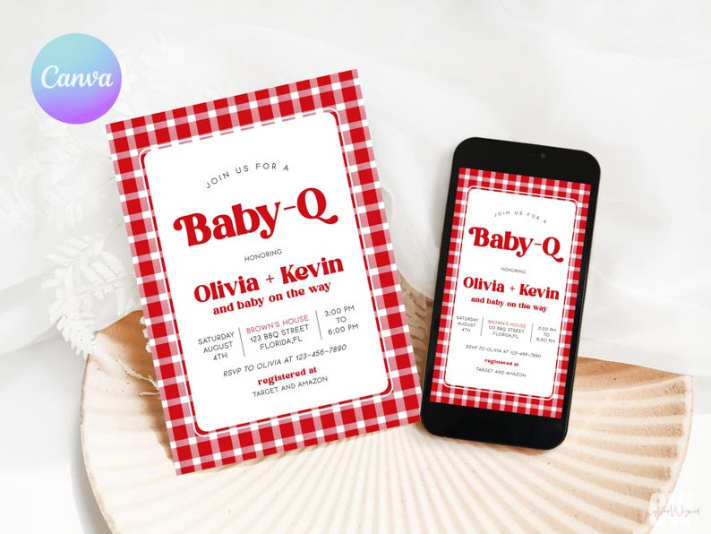May include: Red and white checkered baby shower invitation with the text "Join us for a Baby-Q Honoring Olivia + Kevin and baby on the way" and details for the event. The invitation is on a white background with a red and white checkered border.