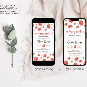 Puede incluir: La pantalla de un tel&eacute;fono m&oacute;vil que muestra una invitaci&oacute;n a una fiesta de bienvenida al beb&eacute; con un tema de fresa. La invitaci&oacute;n dice "a berry sweet" e incluye la fecha, la hora y el lugar del evento. La invitaci&oacute;n est&aacute; dise&ntilde;ada para la pantalla de un tel&eacute;fono m&oacute;vil y una pantalla completa.