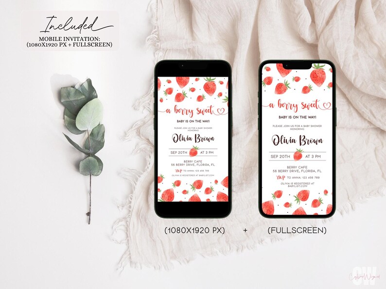Puede incluir: La pantalla de un tel&eacute;fono m&oacute;vil que muestra una invitaci&oacute;n a una fiesta de bienvenida al beb&eacute; con un tema de fresa. La invitaci&oacute;n dice "a berry sweet" e incluye la fecha, la hora y el lugar del evento. La invitaci&oacute;n est&aacute; dise&ntilde;ada para la pantalla de un tel&eacute;fono m&oacute;vil y una pantalla completa.