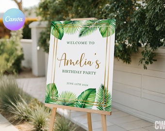Printable Aloha First Birthday Welcome Sign, Tropical 1st Birthday Party Welcome Poster, Editable Jungle First Birthday Entrance Sign TR1