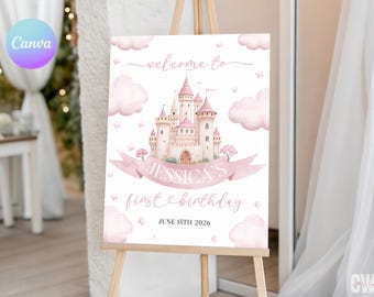 Princess First Birthday Welcome Sign – Once Upon a Time Theme (Editable Canva Template) PR1