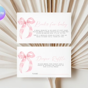 Roze strik babyshower bijsluitkaarten, coquette babyshower luierloterij, coquette strik doucheboeken voor babykaart, roze luierloterij BN2