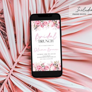 Puede incluir: Una invitaci&oacute;n telef&oacute;nica floral rosa y blanca para un brunch de novia. La invitaci&oacute;n incluye el texto "Bridal Brunch" y el nombre "Olivia Brown".