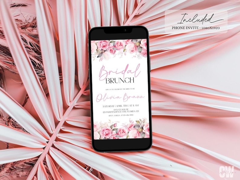 Puede incluir: Una invitaci&oacute;n telef&oacute;nica floral rosa y blanca para un brunch de novia. La invitaci&oacute;n incluye el texto "Bridal Brunch" y el nombre "Olivia Brown".