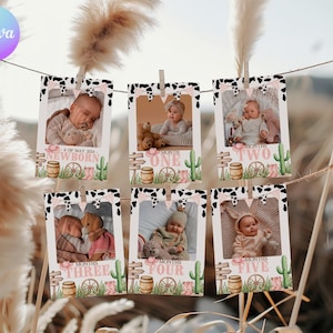 Banner fotografico mensile modificabile per il primo compleanno di Cowgirl, ghirlanda fotografica per il primo compleanno di Rodeo, banner mensile per la crescita del compleanno Boho Western RO1