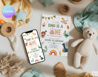 One-A-Saurus 1st Birthday Invitation, Editable Dinosaur Party Invite, Boy First Birthday, Neutral Boho Dino DI1