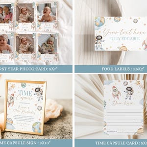 May include: A collection of space-themed party supplies. Includes a 13-photo card, food labels, a time capsule sign, and a time capsule card. The designs feature rockets, astronauts, planets, and stars. The sign is 8x10 inches, and the photo card is 5x7 inches.