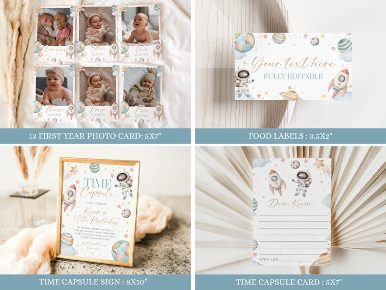 May include: A collection of space-themed party supplies. Includes a 13-photo card, food labels, a time capsule sign, and a time capsule card. The designs feature rockets, astronauts, planets, and stars. The sign is 8x10 inches, and the photo card is 5x7 inches.