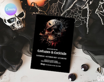 Skull Halloween Party Invitation Template, Costume & Coctails Invite (Digital Download)