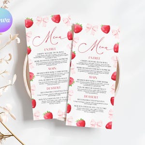 Tarjeta de menú para baby shower de fresa, menú para baby shower con sabor a bayas, menú imprimible para baby shower de frutas, menú para baby shower de frutas CP2