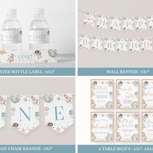 May include: A collection of space-themed party decorations. Includes water bottle labels, a wall banner, a high chair banner, and six table signs. The designs feature rockets, planets, and the text "ONE!" and "HAPPY BIRTHDAY".