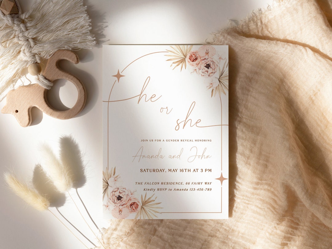Boho Gender Reveal Invitation Template He or She Invitation Minimalist ...