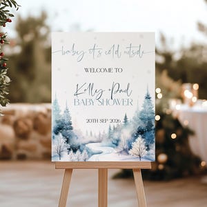 Cartello di benvenuto per baby shower nel paese delle meraviglie innevato, cartello di benvenuto per baby shower "Fa freddo fuori", poster di benvenuto neutro per baby shower party invernale CW2