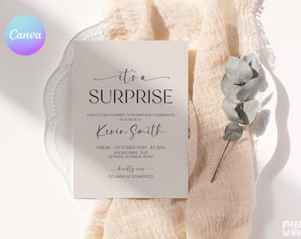 Surprise Birthday Invitation, Shhh It's A Surprise Party Invite, Minimalist Modern Adult Birthday Party