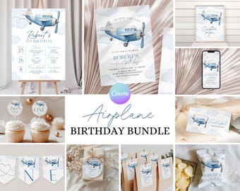 Airplane Birthday Party Bundle, Time Flies 1st Birthday Bundle, Pilot First Birthday Party Pack, Blue Aviation Party Birthday Decor Set AE1