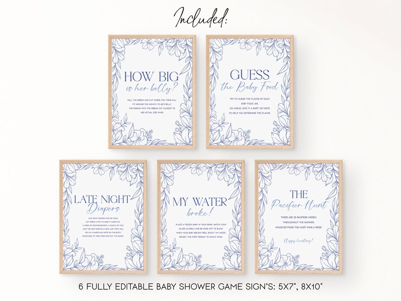 Editable Dusty Blue Baby Shower Games Bundle Blue Floral Baby Shower ...