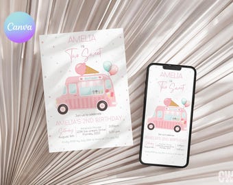 Two Sweet Birthday Invitation Kit, Pink Ice Cream Truck Birthday Invite, Summer 2nd Birthday Evite, Two Sweet Birthday Thank You Tag CA1