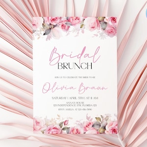Faire-part de douche nuptiale roses roses, faire-part de douche nuptiale floral rose, carte d'invitation de future mariée rose poudré, Faire-part de douche nuptiale jardin
