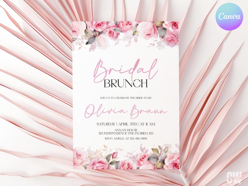 Puede incluir: Una invitaci&oacute;n a un brunch de boda rosa y blanco con detalles florales. La invitaci&oacute;n dice "Brunch de boda" e incluye el nombre de la novia, "Olivia Braun", la fecha y la hora del evento, y la ubicaci&oacute;n. Tambi&eacute;n se incluye la informaci&oacute;n de RSVP.