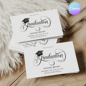 May include: White card with black text and a black and white illustration of a graduation cap. The text reads "Graduation Party" and "Amanda Brown" with the date and time of the party.