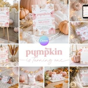 May include: A selection of party stationery with a pumpkin theme. Includes invitations, signs, and thank you cards in pink and white. The text "pumpkin is turning one" is displayed.