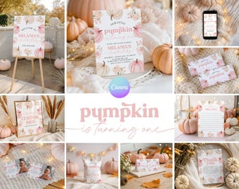 Pink Fall First Birthday Party Bundle, Pumpkin 1st Birthday Bundle, Girl Pumpkin 1st Birthday Package, Autumn Pumpkin Birthday Set TP1