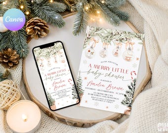 Merry Little Baby Shower Invitation, Winter Christmas Baby Shower Invite, Canva Template ZS2