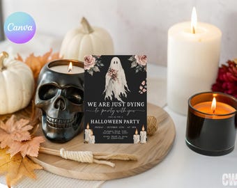 Gothic Halloween Party Invitation, Ghost Adult Costume Invite, Canva Template