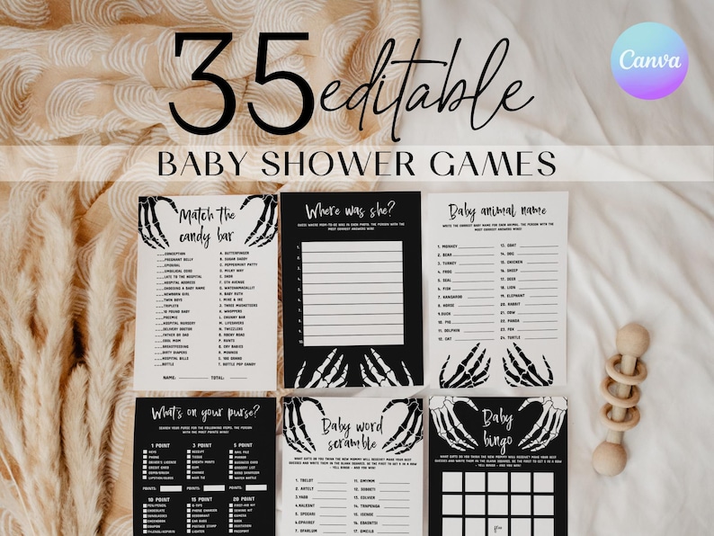 Halloween Baby Shower Games Bundle Black Baby Shower Games Autumn Baby Shower Games Skull Baby Shower Activities Gothic Baby Shower SBS3 image 1