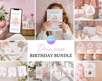Princess First Birthday Party Bundle – Once Upon a Time Theme (Editable Canva Set) PR1