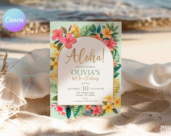 Aloha Birthday Party Invitation, Tropical Flower Luau Invite, Hawaiian Theme Card, 5x7 Printable Template AQ1