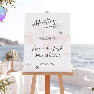 Adventure Awaits Baby Shower Willkommensschild, Weltkarte Baby Shower Willkommen Poster, Printable Travel Baby Shower Party Willkommensschild AA1