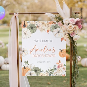 Rustic Pumpkin Baby Shower Welcome Sign, Floral Pumpkin Baby Shower Welcome Poster, Editable Harvest Baby Shower Welcome Sign Template SQ2